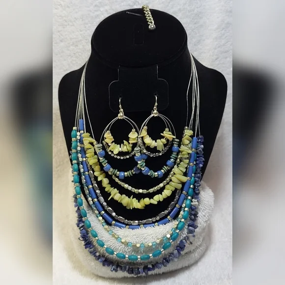 CHICO'S Blue and Green Beaded Wire Necklace and Dangle Earrings Set / Pierced - Picture 1 of 5